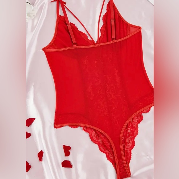 Lace, Red, V-Neck, Teddy, Lingerie, Thong Bodysuit, Valentine’s Day - Picture 2 of 4